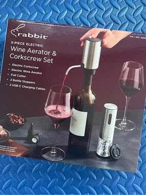 Rabbit Stainless Steel Electric Wine Aerator & Corkscrew Set - Silver